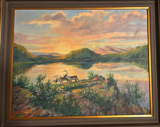 Maleri av Ivar Sælø. 2 reinsdyr ved Klokkervannet, Tana