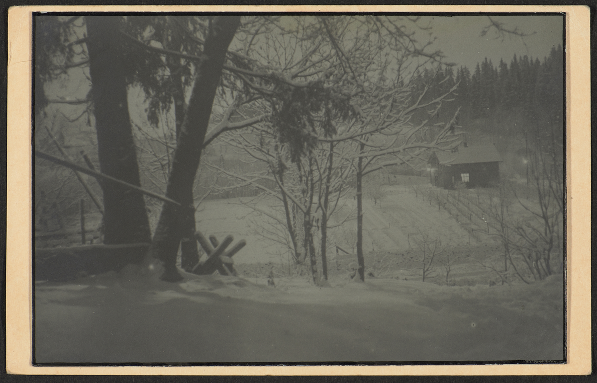 En vinterkveld i en skog med utsikt til et trehus hvor det er lys i vinduet. Et par store trær med tykke trestammer står i forgrunnen, det står en nedsnødd sagkrakk i snøen ved foten av et tre. I bakgrunnen bak huset er det en tett skog. Et av 17 "postkort" av samme størrelse med et bilde på hvert enkelt.
