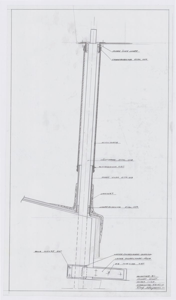 Tre roderritningar, roder sammanställning, roder övre lager och nedre roderlager fäste, till Scanmar 31