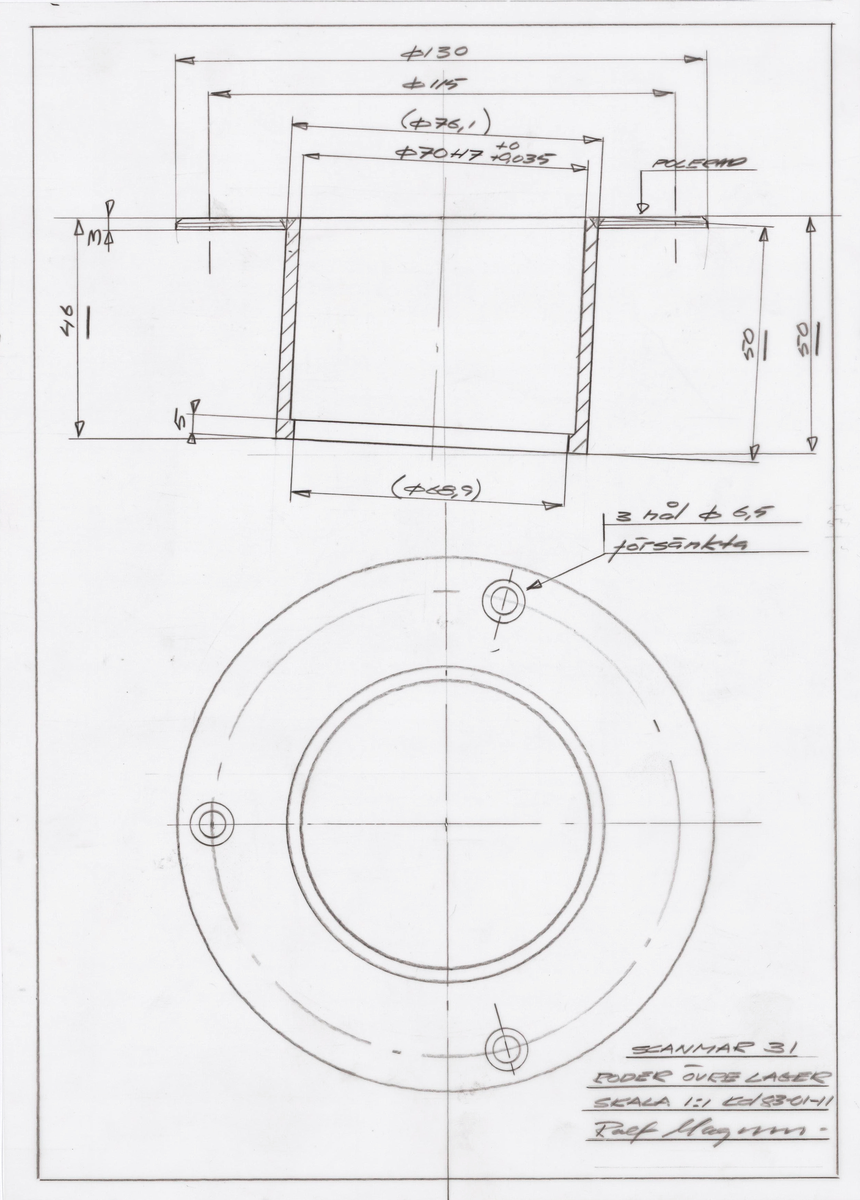 Tre roderritningar, roder sammanställning, roder övre lager och nedre roderlager fäste, till Scanmar 31