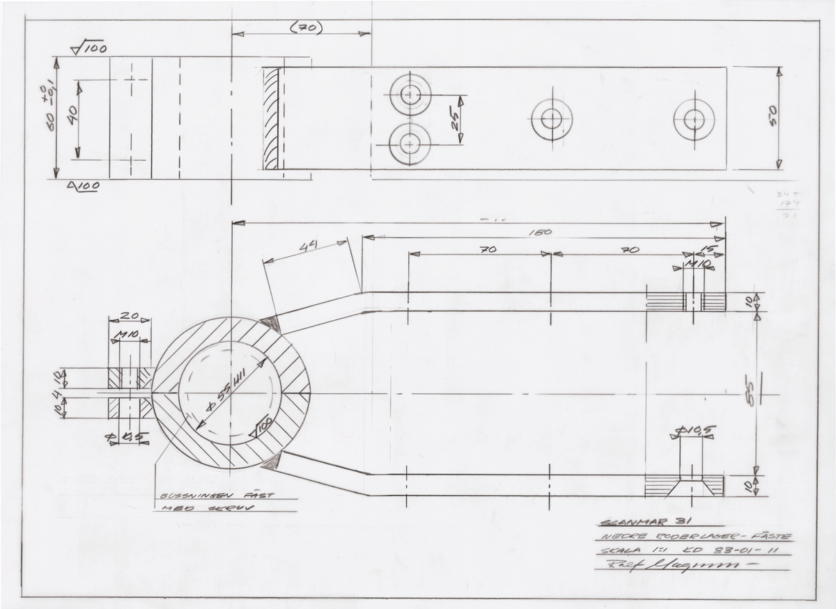 Tre roderritningar, roder sammanställning, roder övre lager och nedre roderlager fäste, till Scanmar 31
