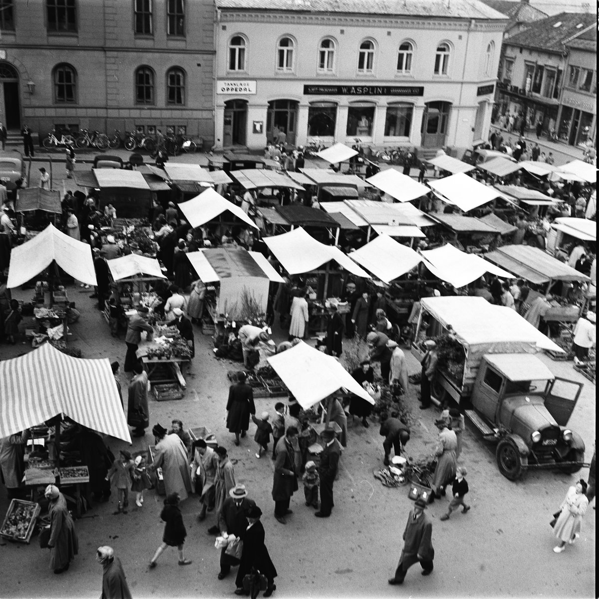 Tønsberg torg i fugleperspektiv, med folkevrimmel ved og rundt bodene. I bakgrunnen er det rader av bygninger og butikker.