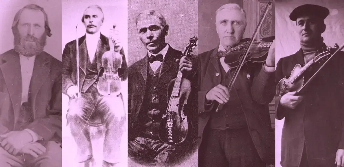 Fem historiske fotografiar av spelemenn