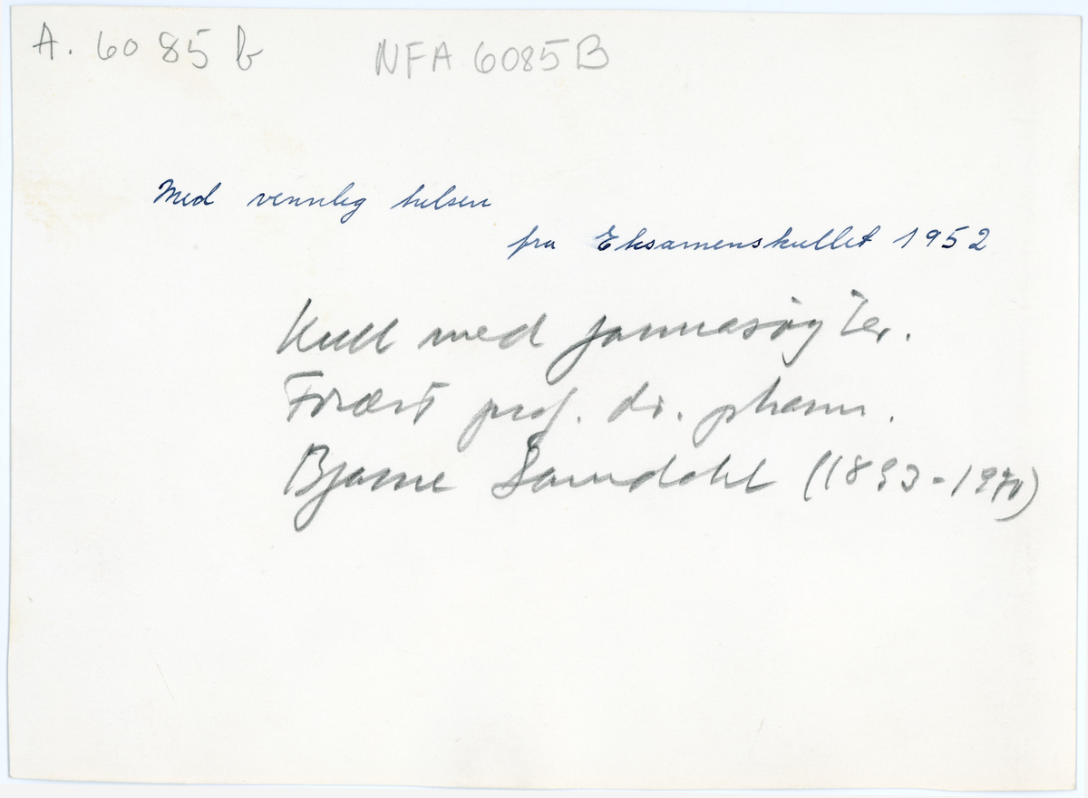 NFA.6085B: Eksamenskullet Farmasøytisk Institutt 1952.
NFA.6085C: Kullet som tok apotekereksamen høsten 1942.
NFA,6085H: Professor Bjarne Samdahl utnevnes til æresdoktor ved Sorbonne universitet i Paris 1959.
NFA.6085J: Universitetets kjemiske laboratorium i Fredriksgate 3 Avdeling B med vordende farmasøytiske kandidater, Cand.pharm. Ellen Gleditsch i forgrunnen. Ca,1920.
NFA.6085K: Professor Ellen Gleditsch æresdoktor ved Sorbonne 1962
NFA.06085A Kursus i førstehjelp på Farmasøytisk Institutt 1940
NFA.06085D To personer i verneutstyr 1940
NFA.06085E 4 personer som prøver gassmasker
NFA.06085F Person med verneutstyr
NFA.06085G Utenfor Farmasøytisk Institutt 4 personer og bil
NFA.06085I  Store auditorium på Farmasøytisk Imstitutt kurs i den frivillige farmasøytiske luftverngruppe