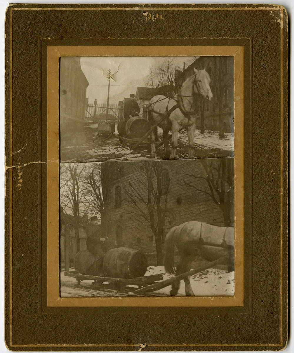 Foto av formann på Lundetangen bryggeri Karl Halvorsen (1853 - 1933) sittende på øltønner som blir slept av hest. Bryggeriet er murbygget som sees i bakgrunnen

Foto nr. 4 er retusjert av fotoarkivar

Påskrift bak foto:

Karl Halvorsen Goberg kjørte
på Lundetangen bryggeri
Var stallmester