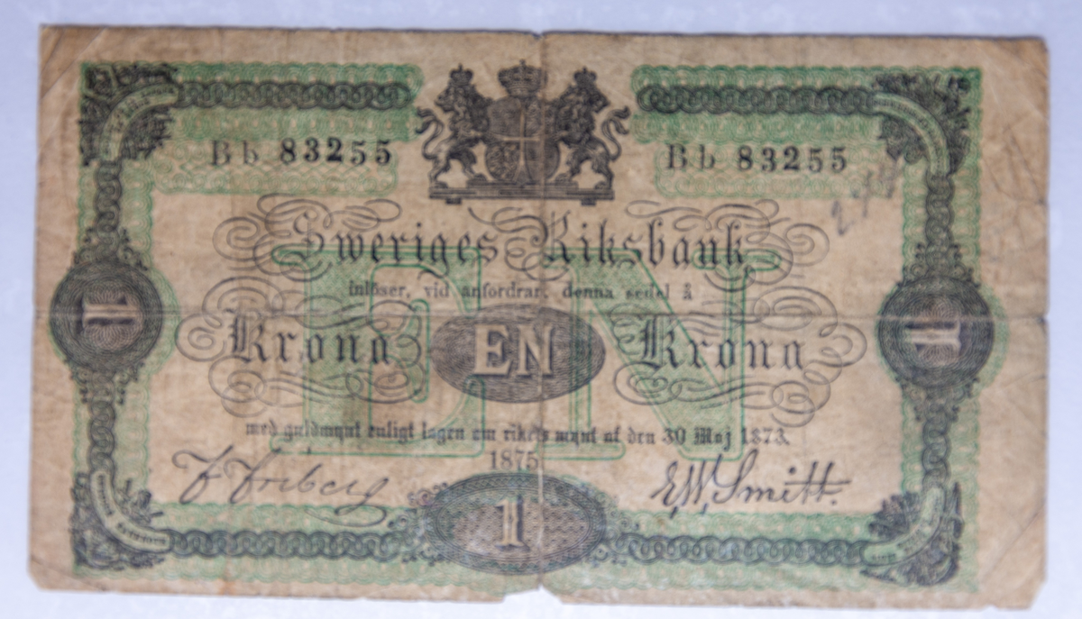 Svensk sedel av papper. 1 krona, 1875, Sverige.