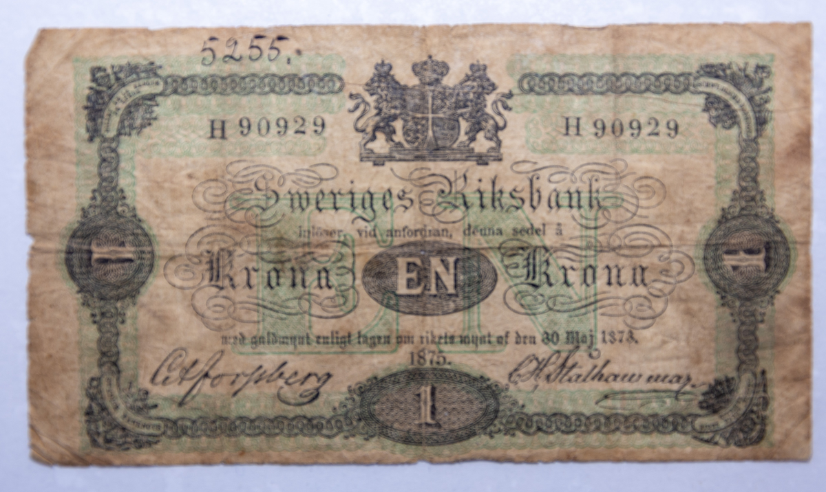 Svensk sedel av papper. 1 krona1875Nr H 90929