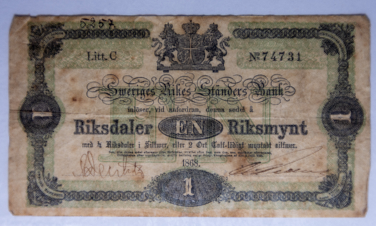 Svensk sedel av papper. 1 riksdaler riksmynt1868Nr 74731