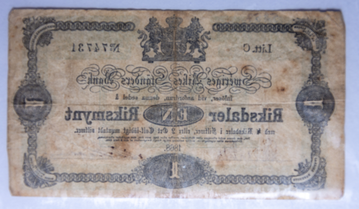 Svensk sedel av papper. 1 riksdaler riksmynt1868Nr 74731