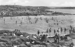 Vykort, "Från Getterön, Varberg". Vy över 4:e vik åt sydöst mot fastlandet. Skrivarklippans fyr ses i bakgrunden. Vy över badande och solande med bryggan ut till Ståhlbrands brygga nedtill.