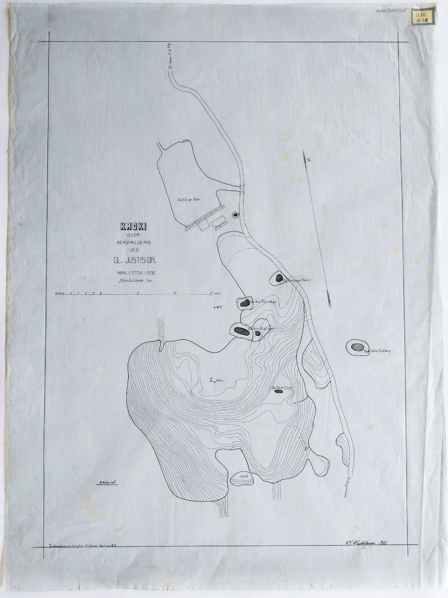 Krokitegning over berghaldene ved Gamle Justits Gruve. Gruvenavnene er tatt etter H. Klems kart av 1820

