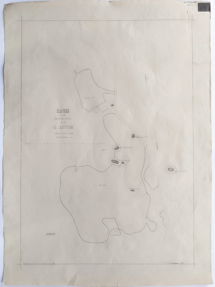 Krokitegning over berghaldene ved Gamle Justits Gruve. Gruvenavnene er tatt etter H. Klems kart av 1820
