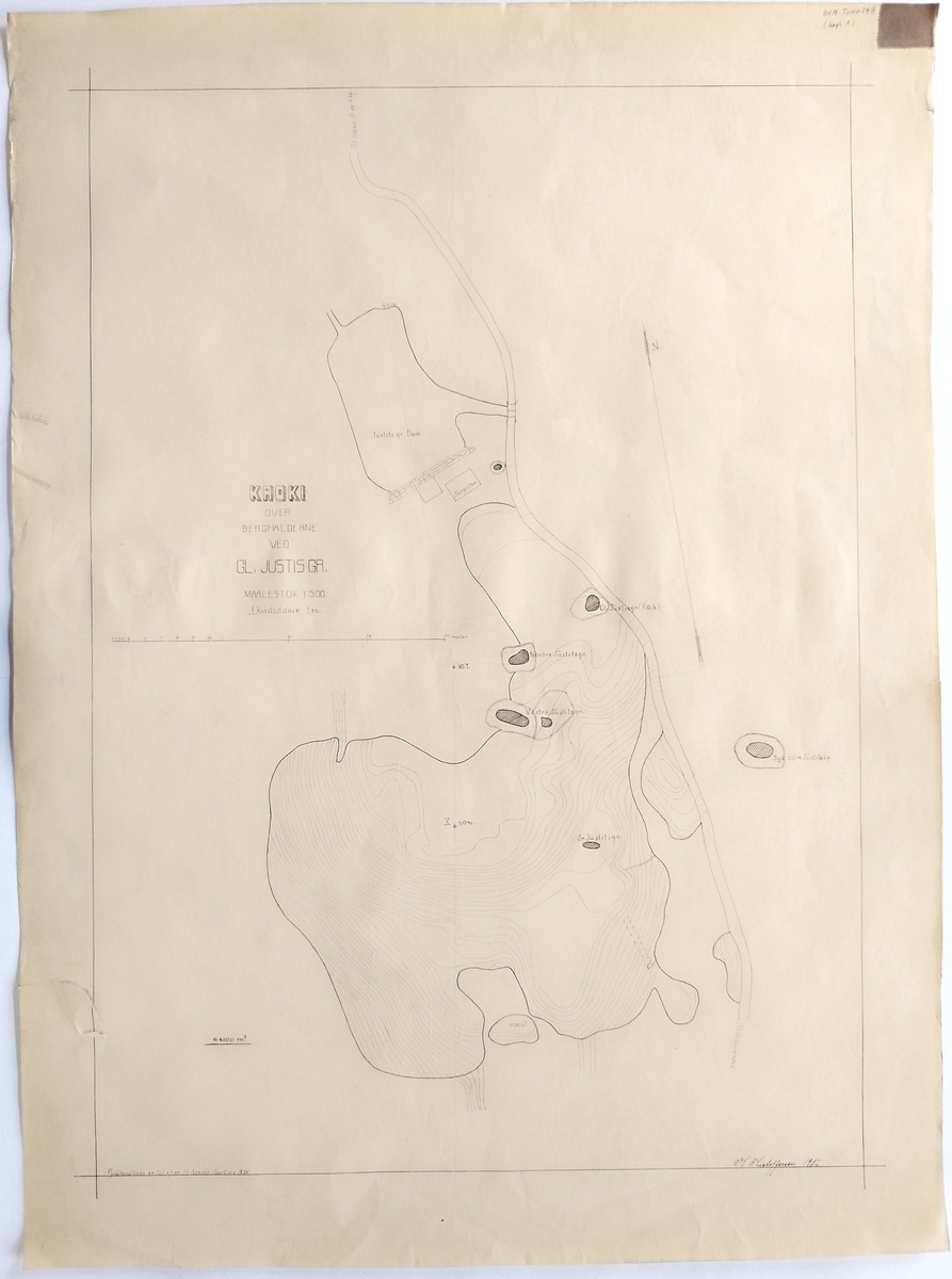 Krokitegning over berghaldene ved Gamle Justits Gruve. Gruvenavnene er tatt etter H. Klems kart av 1820
