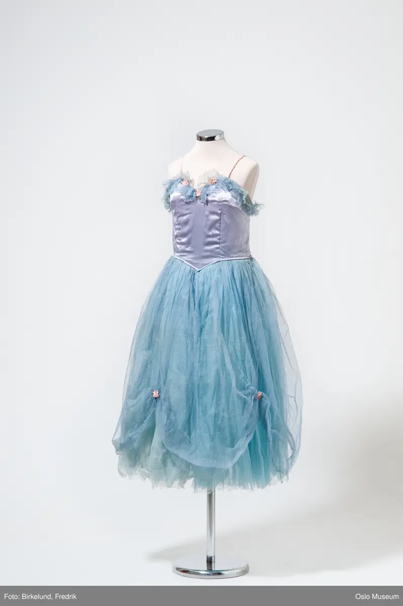 Ballettkjole, lang med liv av lilla silke med blågrønn tyllkrage. 
Skjørt i mange lag av blågrønn tyll, dekor i form av en roser nede på skjørt.