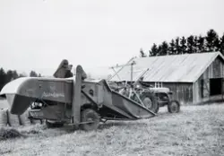 Ottar Landfald på traktoren, og Bernt Hagen på den nye slepetreskeren på Øvre Kaaterud. Alfa-Laval Aktiv. Sekkene med korn kunne veie 70-80 kg.