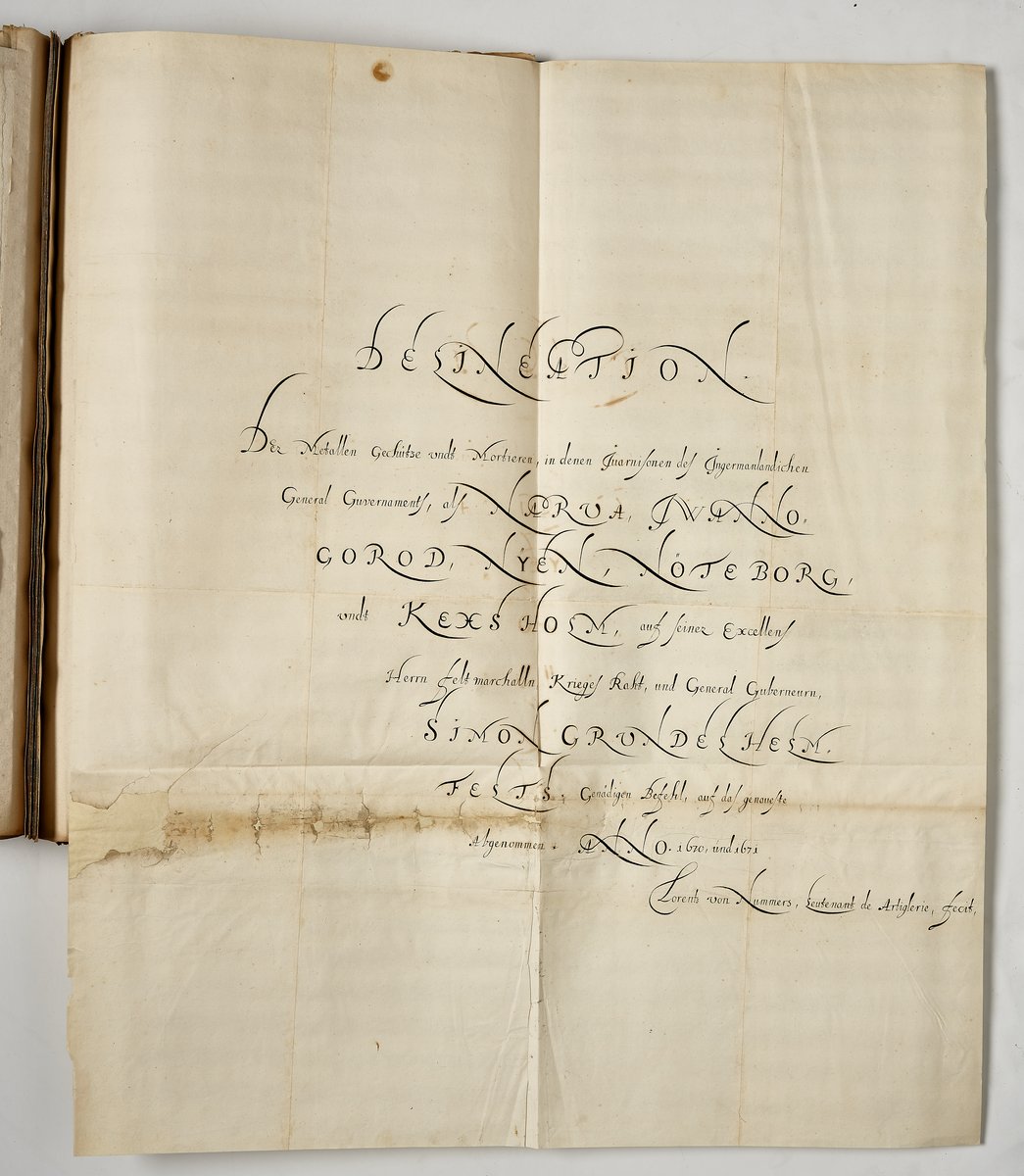 Avbildning av eldrör ur en inventering av artilleribestyckningen vid fästningarna i Ingermanland: Narva, Iwanogorod, Nyen, Nöteborg och Kexholm. Sammanställd 1670–1671.