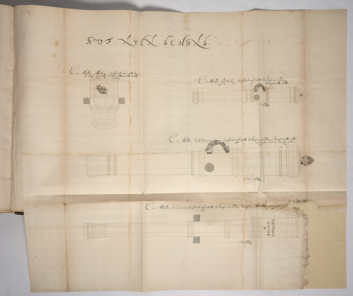 Avbildning av eldrör ur en inventering av artilleribestyckningen vid fästningarna i Ingermanland: Narva, Iwanogorod, Nyen, Nöteborg och Kexholm. Sammanställd 1670–1671.