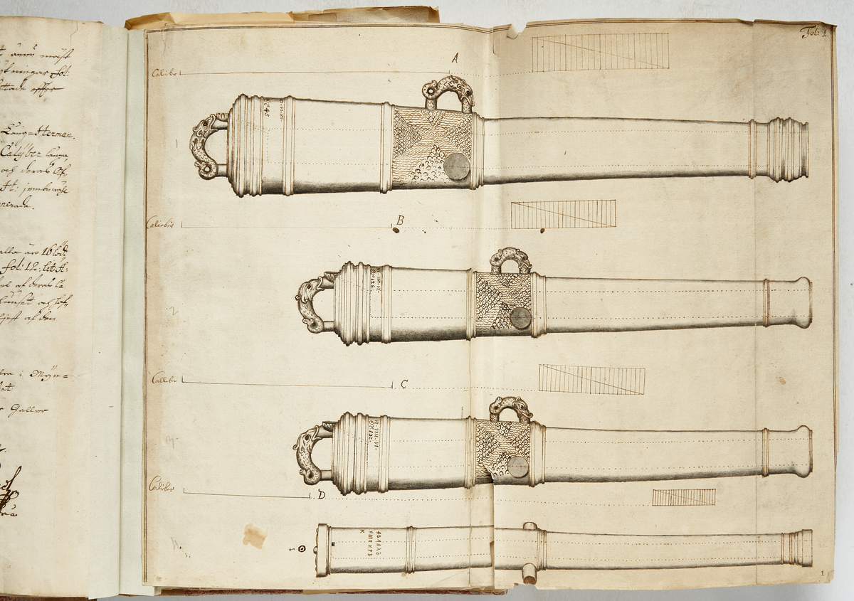 Avbildning av eldrör från fästningen i Narva, ur en volym som dokumenterar artilleritroféer i fästningarna i Ingermanland och Kexholm, daterad 1691.