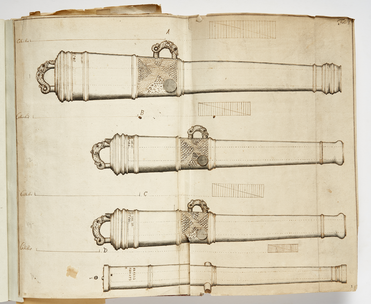 Avbildning av eldrör från fästningen i Narva, ur en volym som dokumenterar artilleritroféer i fästningarna i Ingermanland och Kexholm, daterad 1691.