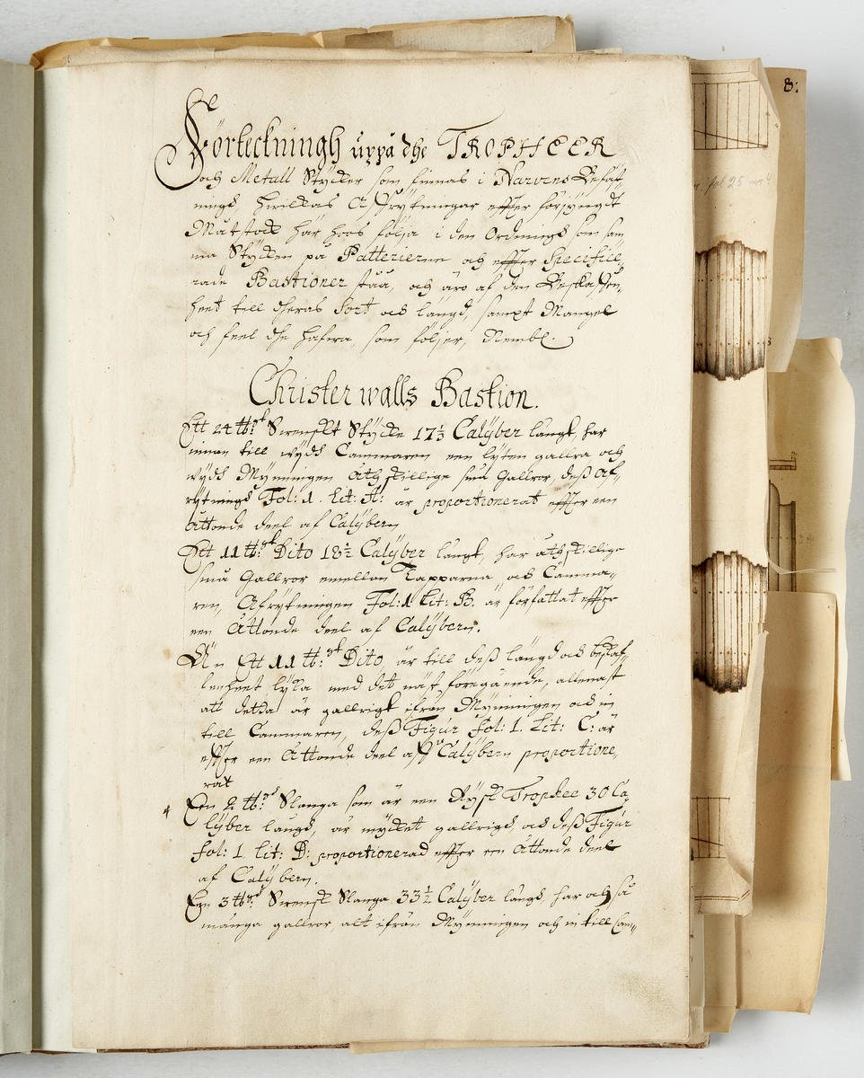 Avbildning av eldrör från fästningen i Narva, ur en volym som dokumenterar artilleritroféer i fästningarna i Ingermanland och Kexholm, daterad 1691.