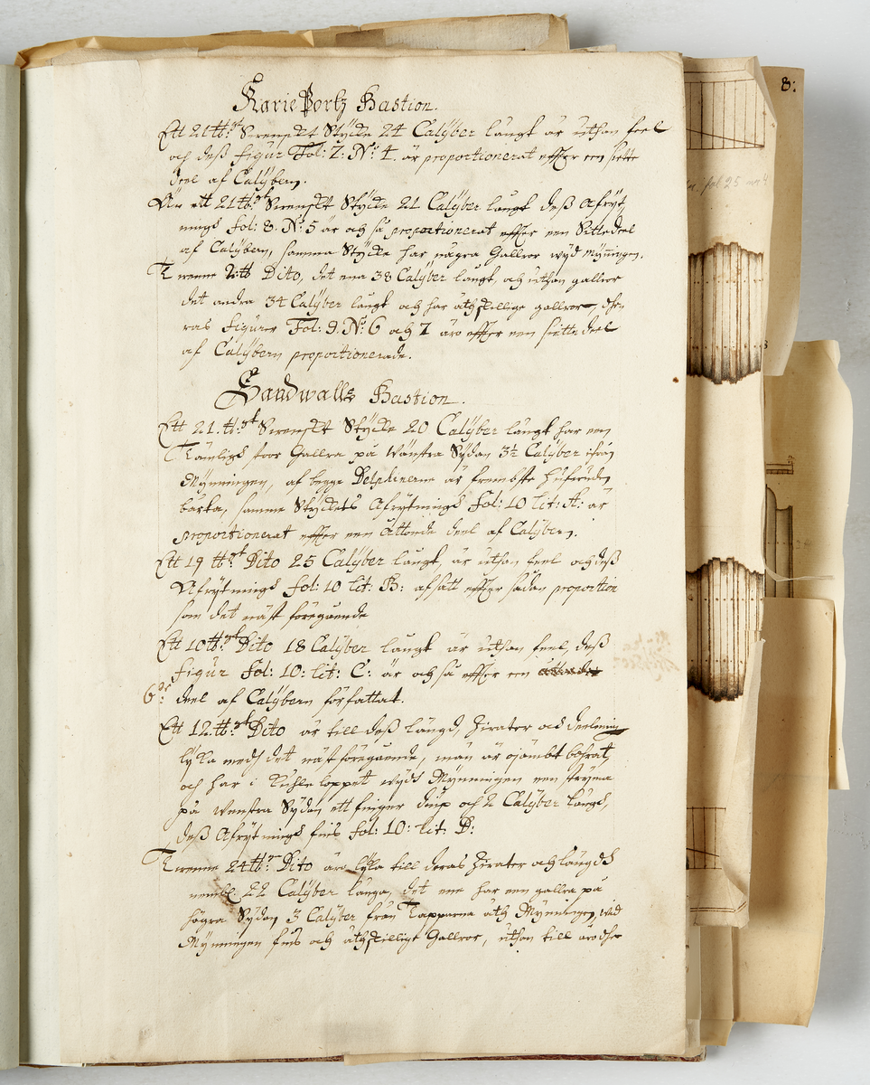 Avbildning av eldrör från fästningen i Narva, ur en volym som dokumenterar artilleritroféer i fästningarna i Ingermanland och Kexholm, daterad 1691.