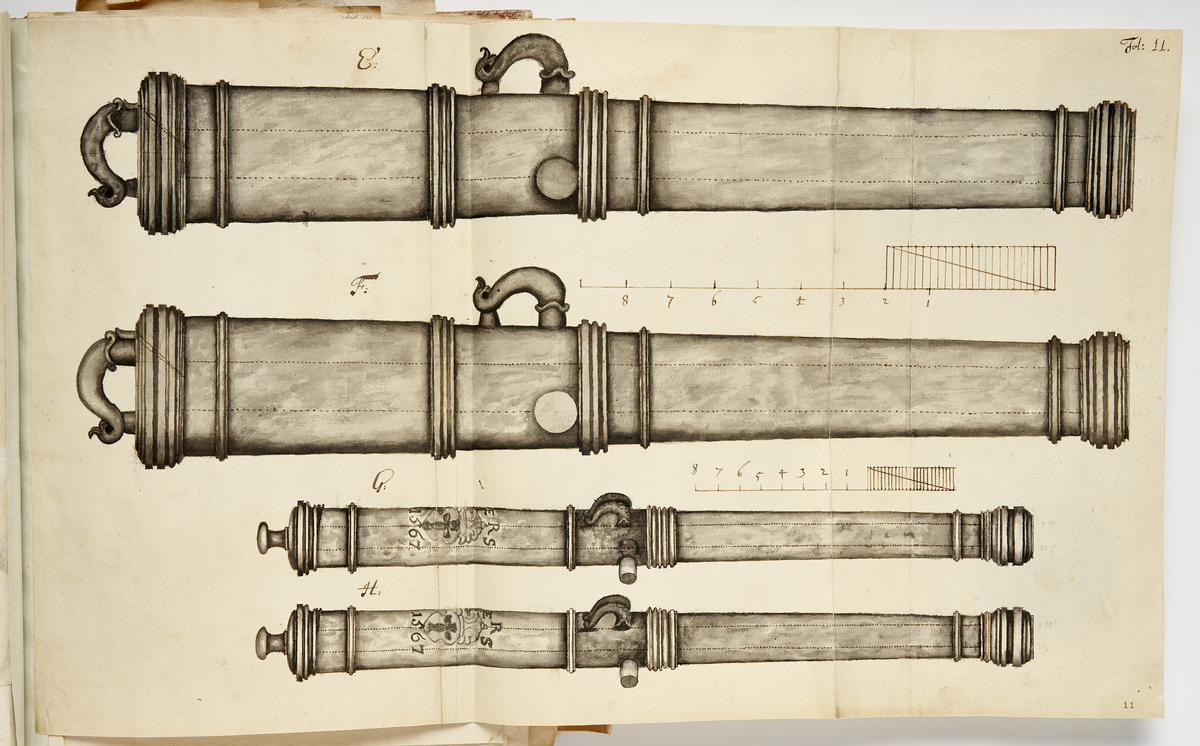 Avbildning av eldrör från fästningen i Narva, ur en volym som dokumenterar artilleritroféer i fästningarna i Ingermanland och Kexholm, daterad 1691.