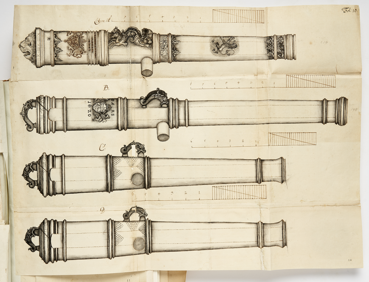 Avbildning av eldrör från fästningen i Narva, ur en volym som dokumenterar artilleritroféer i fästningarna i Ingermanland och Kexholm, daterad 1691.