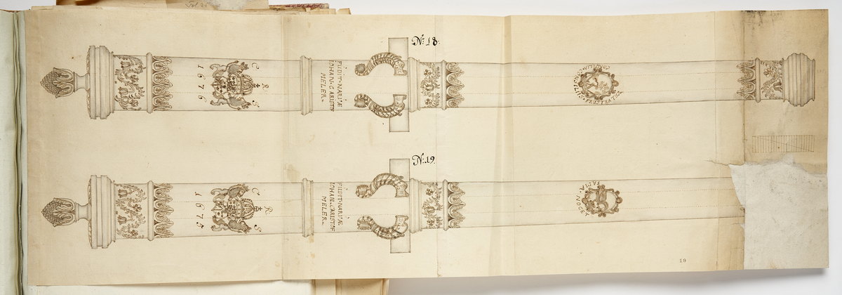 Avbildning av eldrör från fästningen i Narva, ur en volym som dokumenterar artilleritroféer i fästningarna i Ingermanland och Kexholm, daterad 1691.