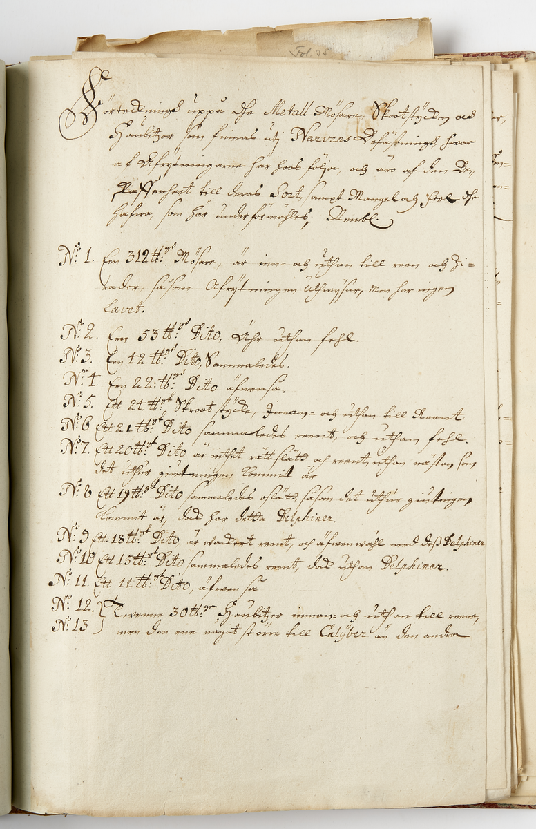 Avbildning av eldrör från fästningen i Narva, ur en volym som dokumenterar artilleritroféer i fästningarna i Ingermanland och Kexholm, daterad 1691.