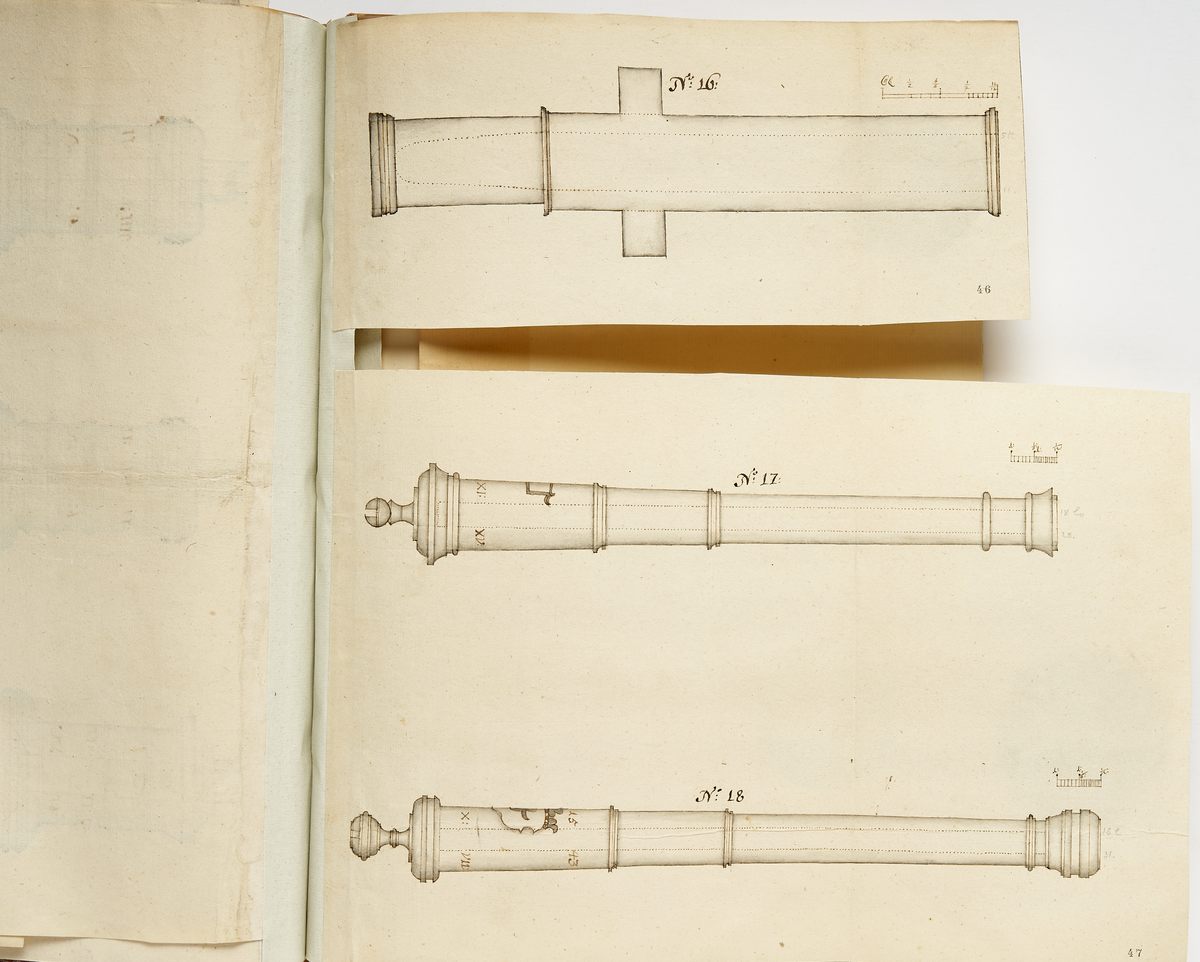 Avbildning av eldrör från fästningen i Kexholm, ur en volym som dokumenterar artilleritroféer i fästningarna i Ingermanland och Kexholm, daterad 1691.