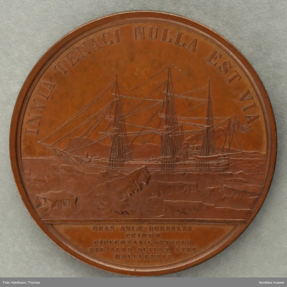 Huvudliggaren:
"Minnespenning. I brons /14 storl./ öfver A.E. Nordenskiöld och A. A. L. Palander. Åtsidan: 'A.E. NORDENSKIÖLD.' 'A. A. PALANDER.' Bröstbilderna  v.s., öfver dem en femuddig stjärna. Under Palanders bild: 'LEA AHLBORN'. Frånsidan: 'INVIA TENACI NULLA EST VIA '. Vega bland isstycken. I afskärning: 'I ORAS ASIAE BOREALES PRIMUM CIRCUM NAVIGANTIBUS REG.ACAD.SCIENT.SVEC. MDCCCLXXIX.' I FEM RADER. Ink på auktion hos konsthh. H. Bukowski Stkh. jämte 56,460-56,510 samt 55,612-55,693 30/3 1886."
