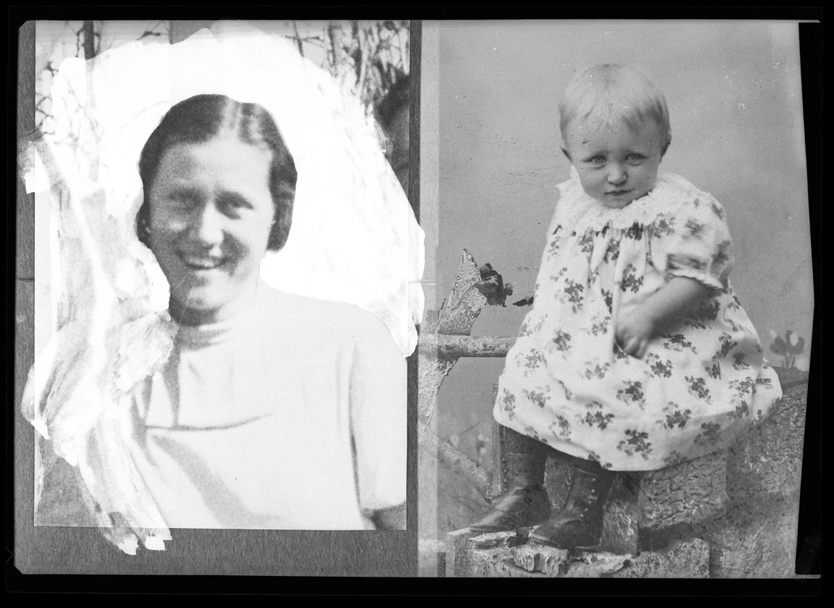 Reprofotografi av ukjent kvinne og ukjent barn

Foto av kvinnen er sansynligvis tatt ca. 1920/30-tallet. Bakgrunnen er retusjert av fotograf eller retusjør 

Foto av barn, tidlig 1900-tallet