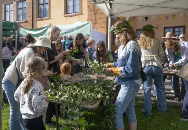 Barn og voksne lager blomsterkranser med eføy og markblomster ved langbord under Sankthansfeiring på Bogstad Gård.