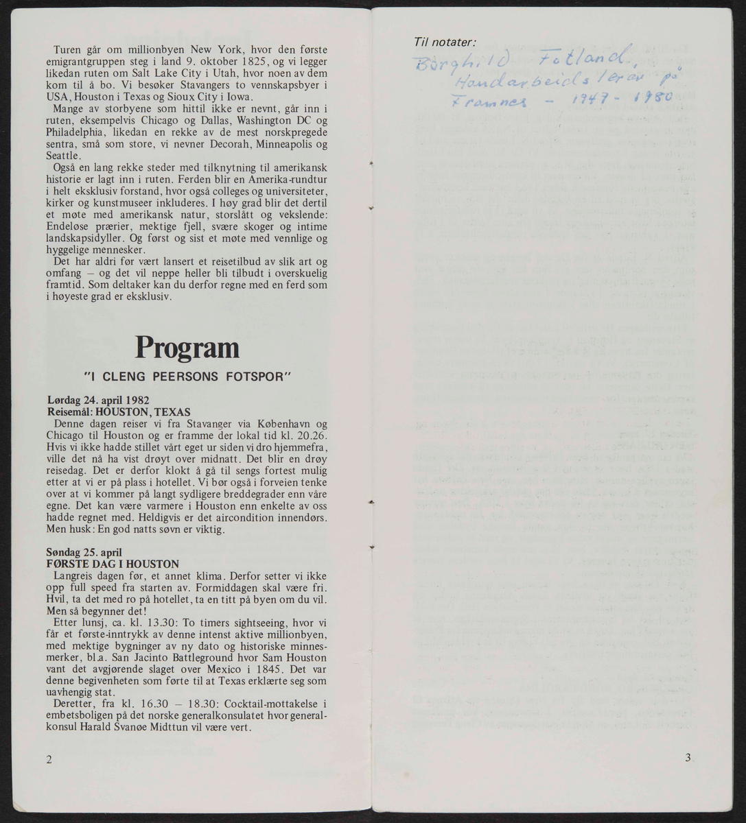 Program for reise til USA i 1982 i forbindelse med markeringen av Cleng Peersons fødsel