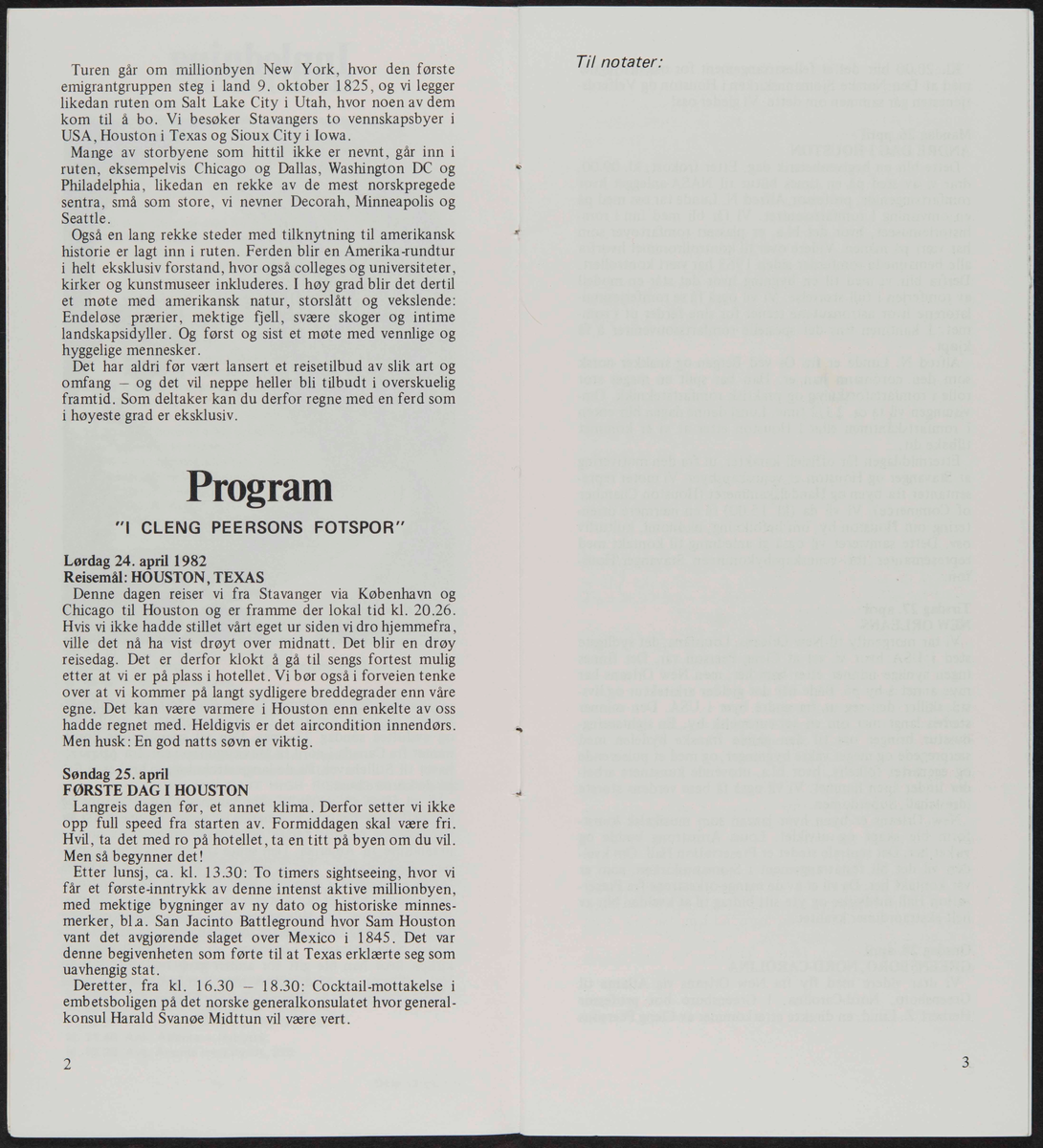 Hefte med program reise for til USA i 1982 i forbindelse med markering av Cleng Peersons fødsel