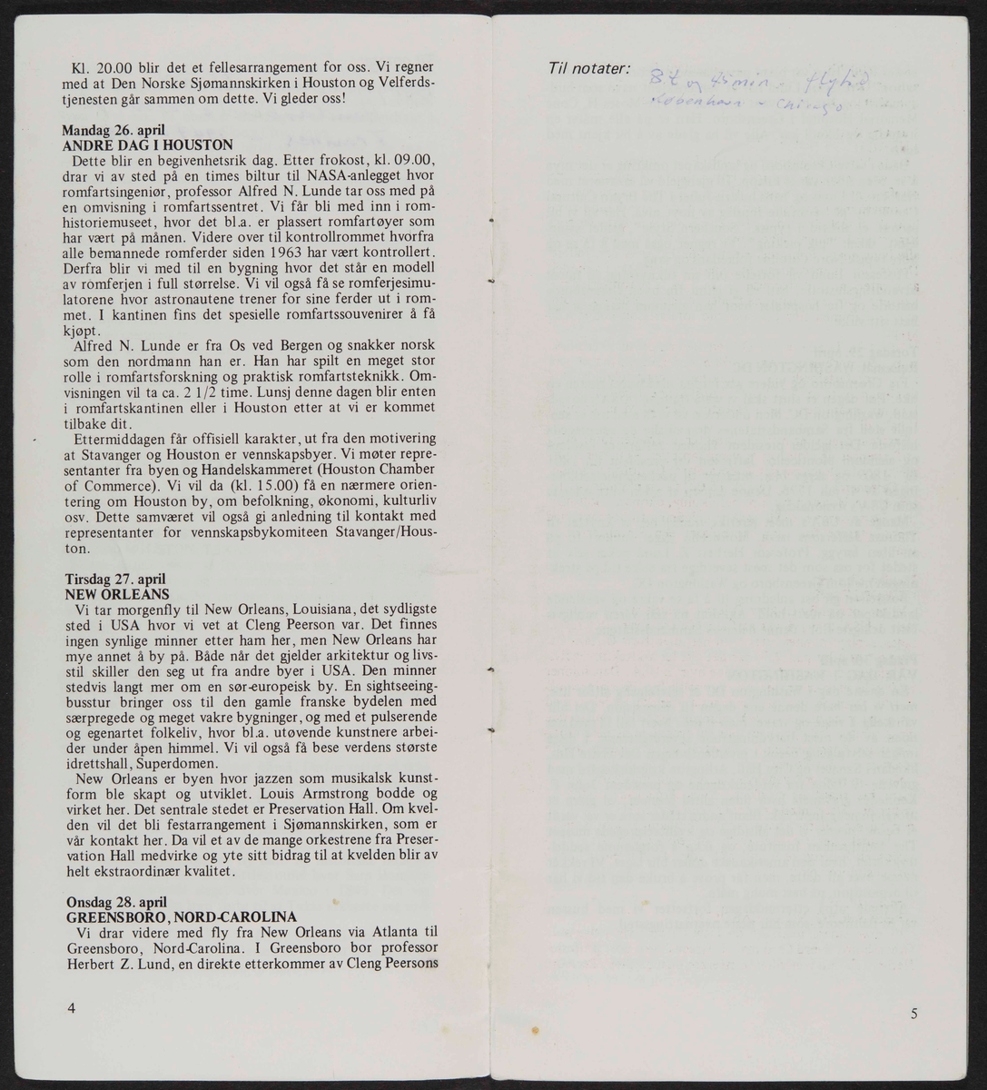 Program for reise til USA i 1982 i forbindelse med markeringen av Cleng Peersons fødsel