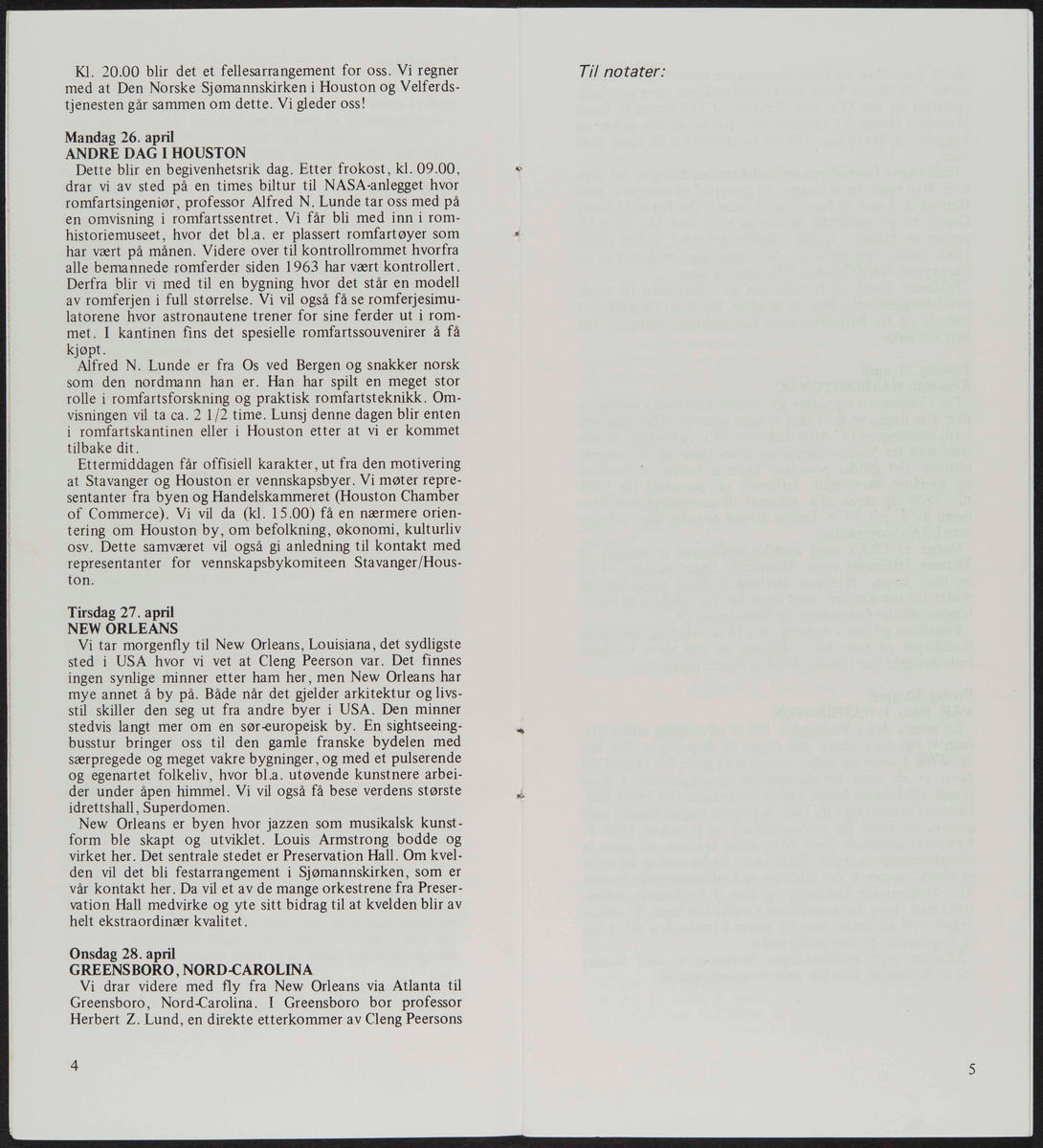 Hefte med program reise for til USA i 1982 i forbindelse med markering av Cleng Peersons fødsel