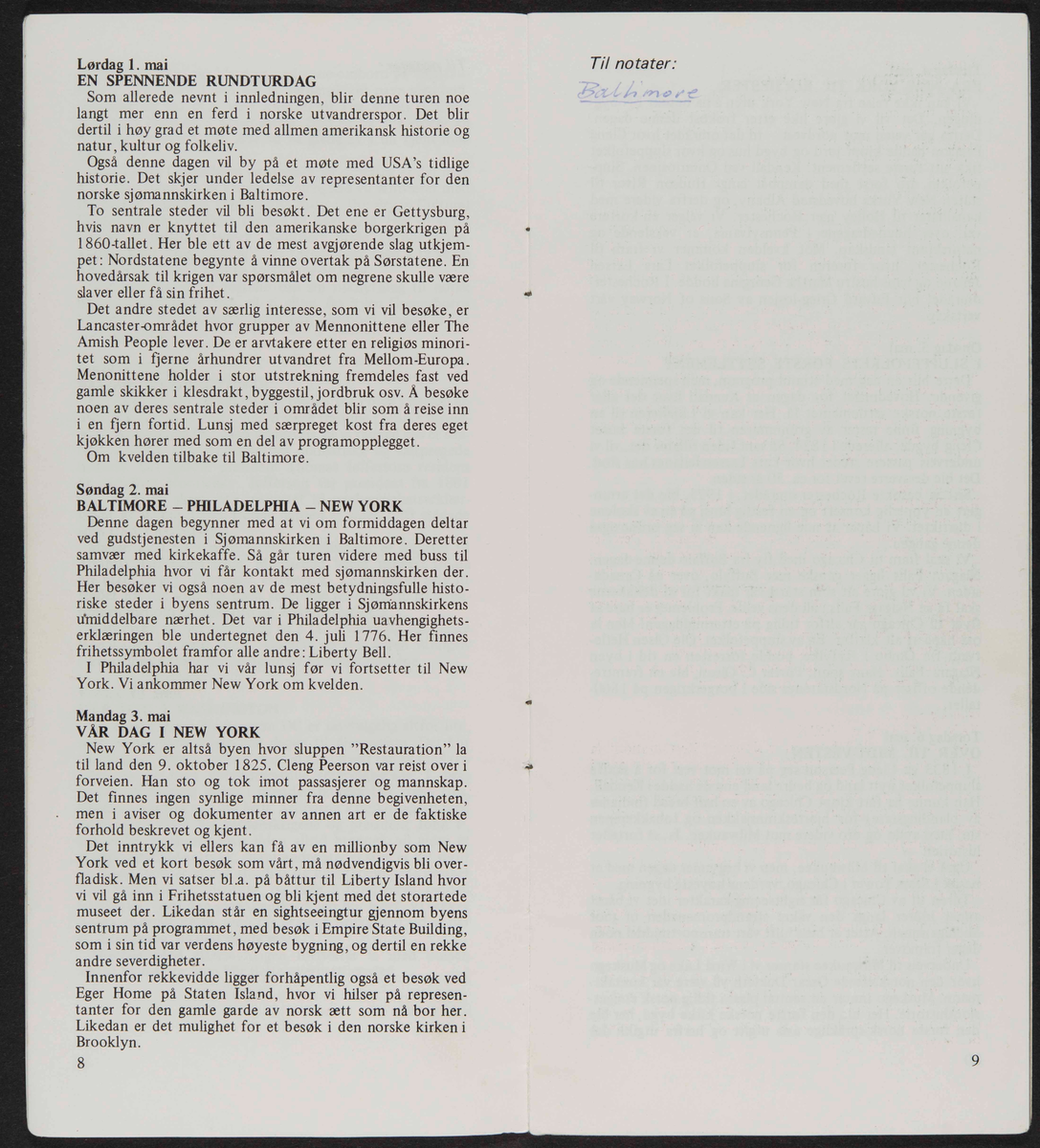 Program for reise til USA i 1982 i forbindelse med markeringen av Cleng Peersons fødsel