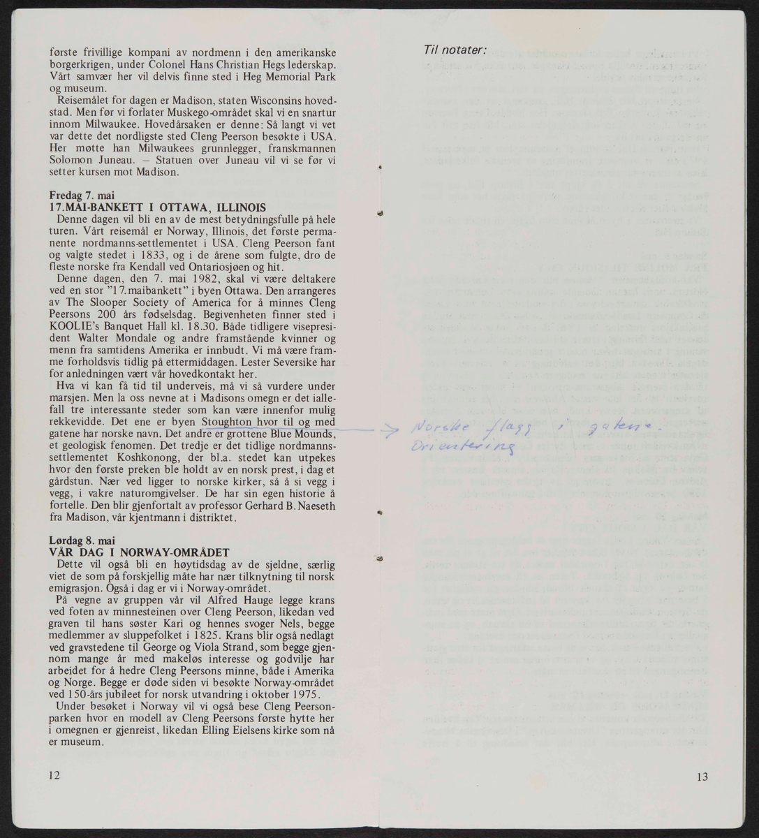 Program for reise til USA i 1982 i forbindelse med markeringen av Cleng Peersons fødsel