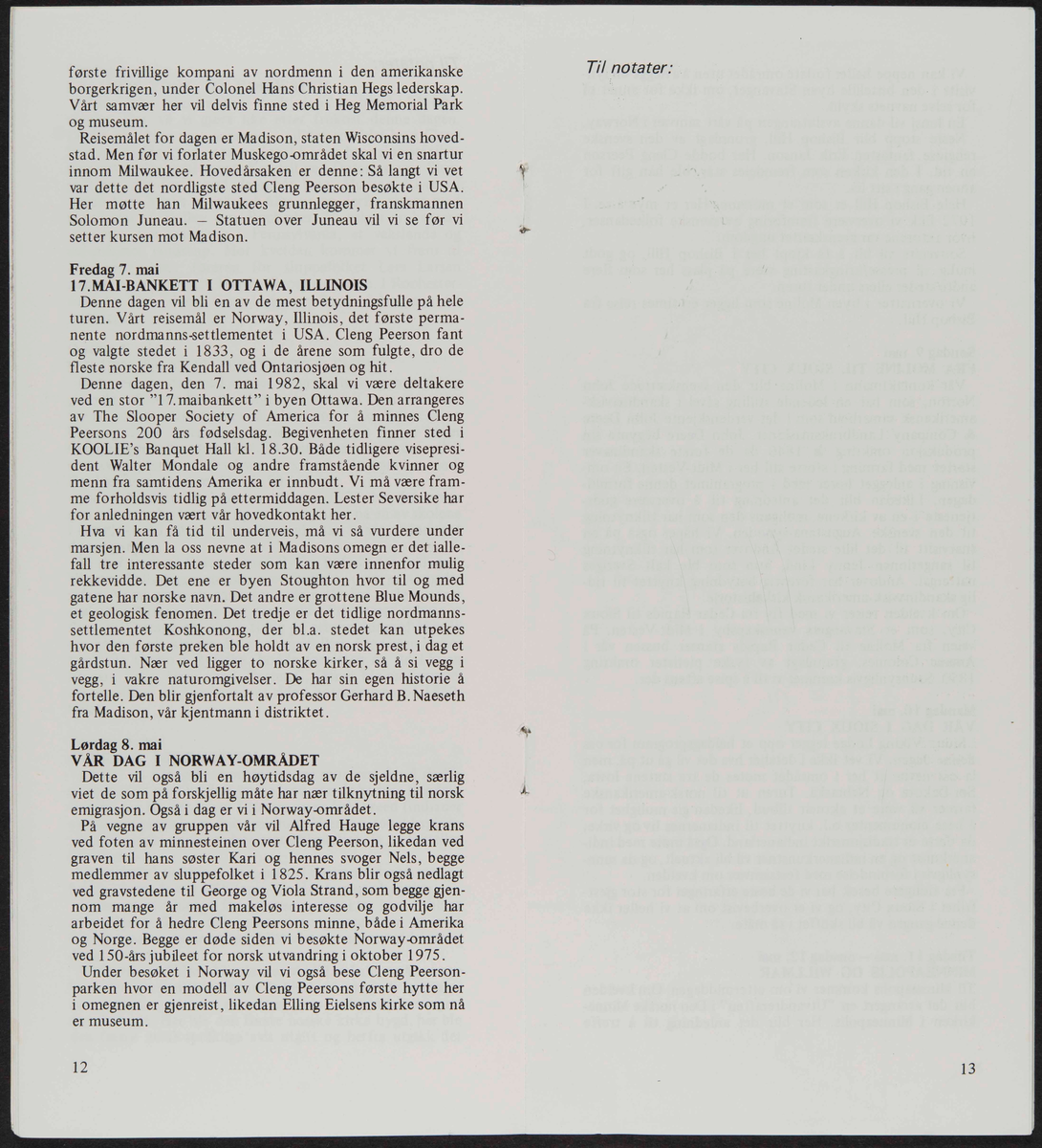 Hefte med program reise for til USA i 1982 i forbindelse med markering av Cleng Peersons fødsel
