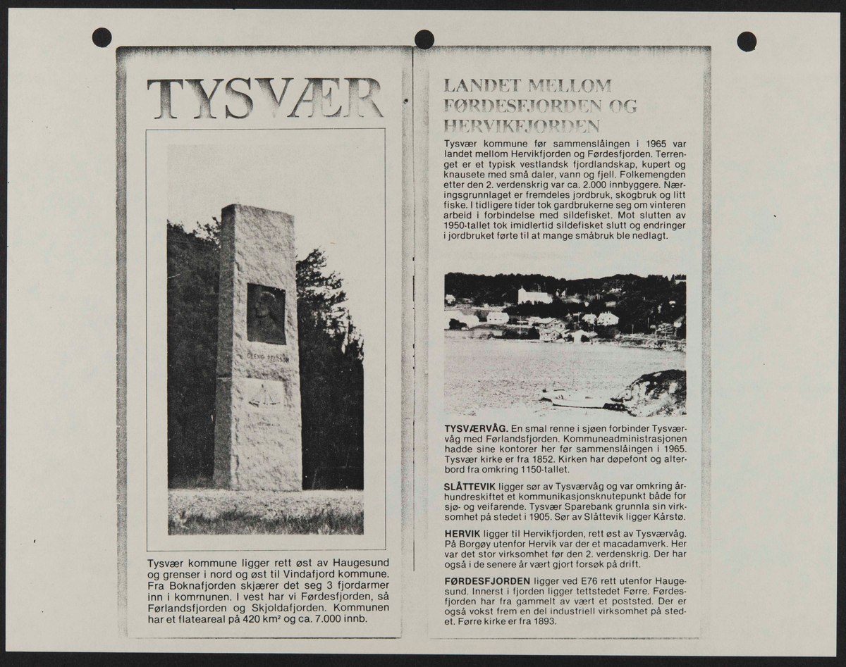 Hefte med bilder og informasjon knyttet til Cleng Peerson og hans fødested, Tysvær