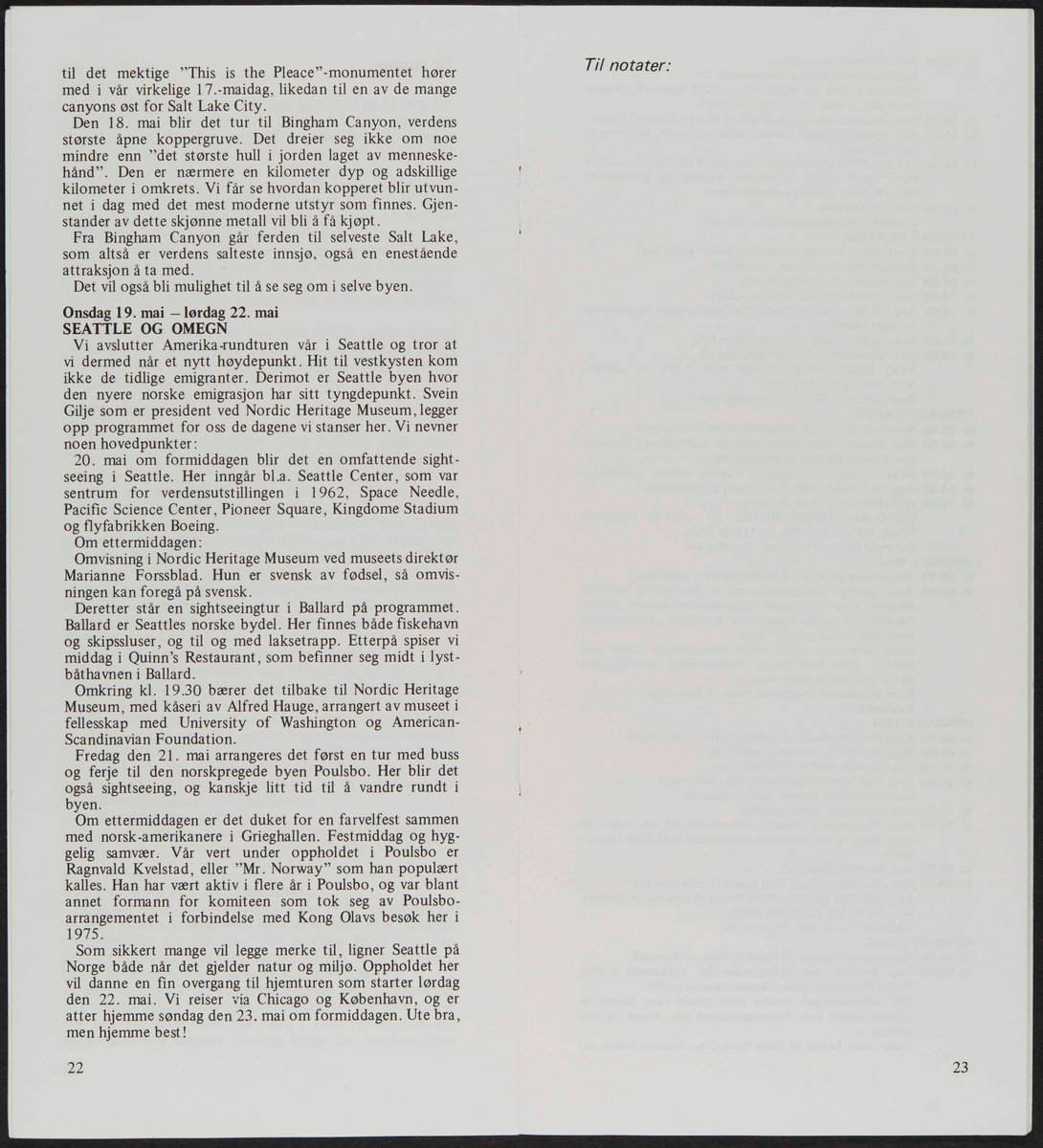 Hefte med program reise for til USA i 1982 i forbindelse med markering av Cleng Peersons fødsel