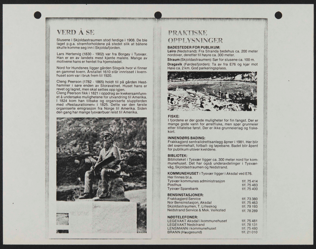 Hefte med bilder og informasjon knyttet til Cleng Peerson og hans fødested, Tysvær