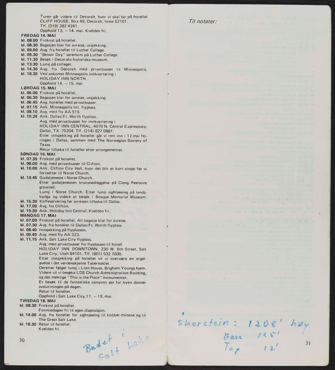 Program for reise til USA i 1982 i forbindelse med markeringen av Cleng Peersons fødsel