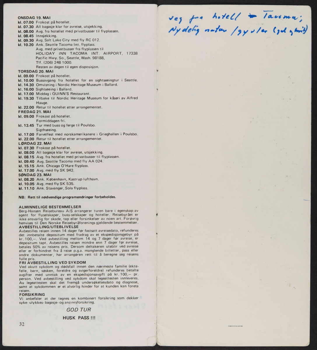 Program for reise til USA i 1982 i forbindelse med markeringen av Cleng Peersons fødsel