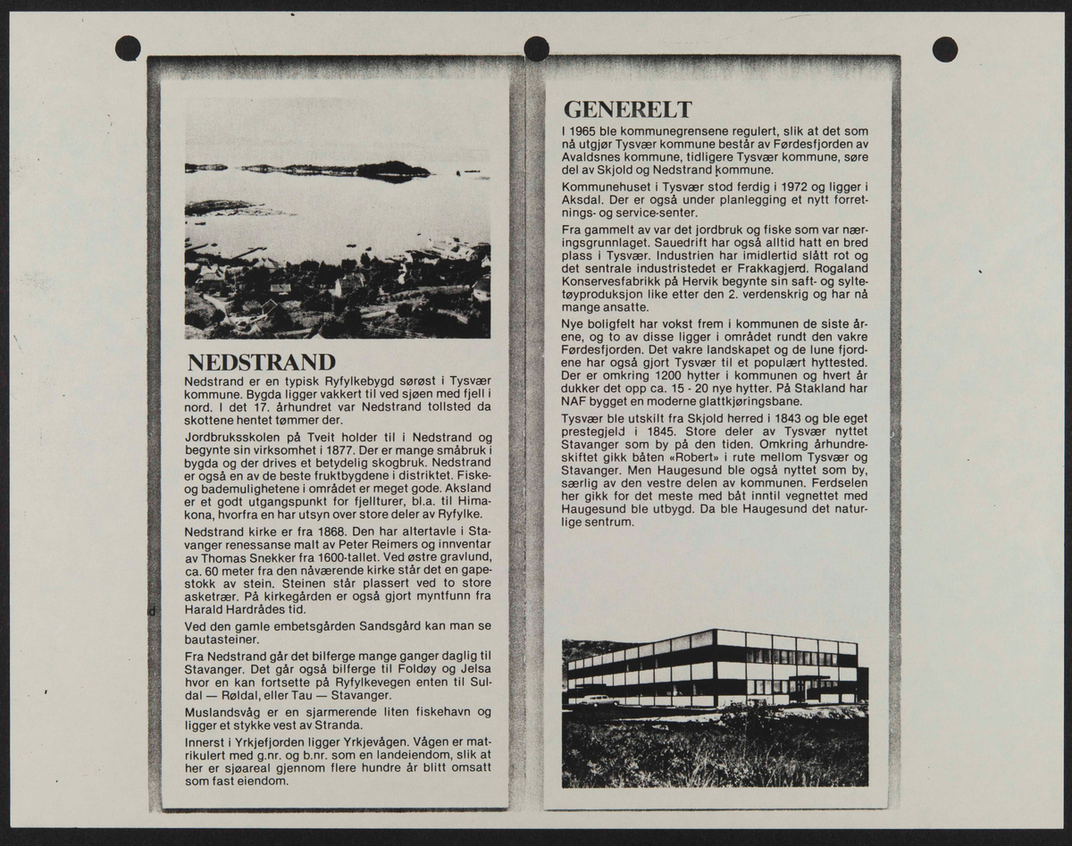 Hefte med bilder og informasjon knyttet til Cleng Peerson og hans fødested, Tysvær