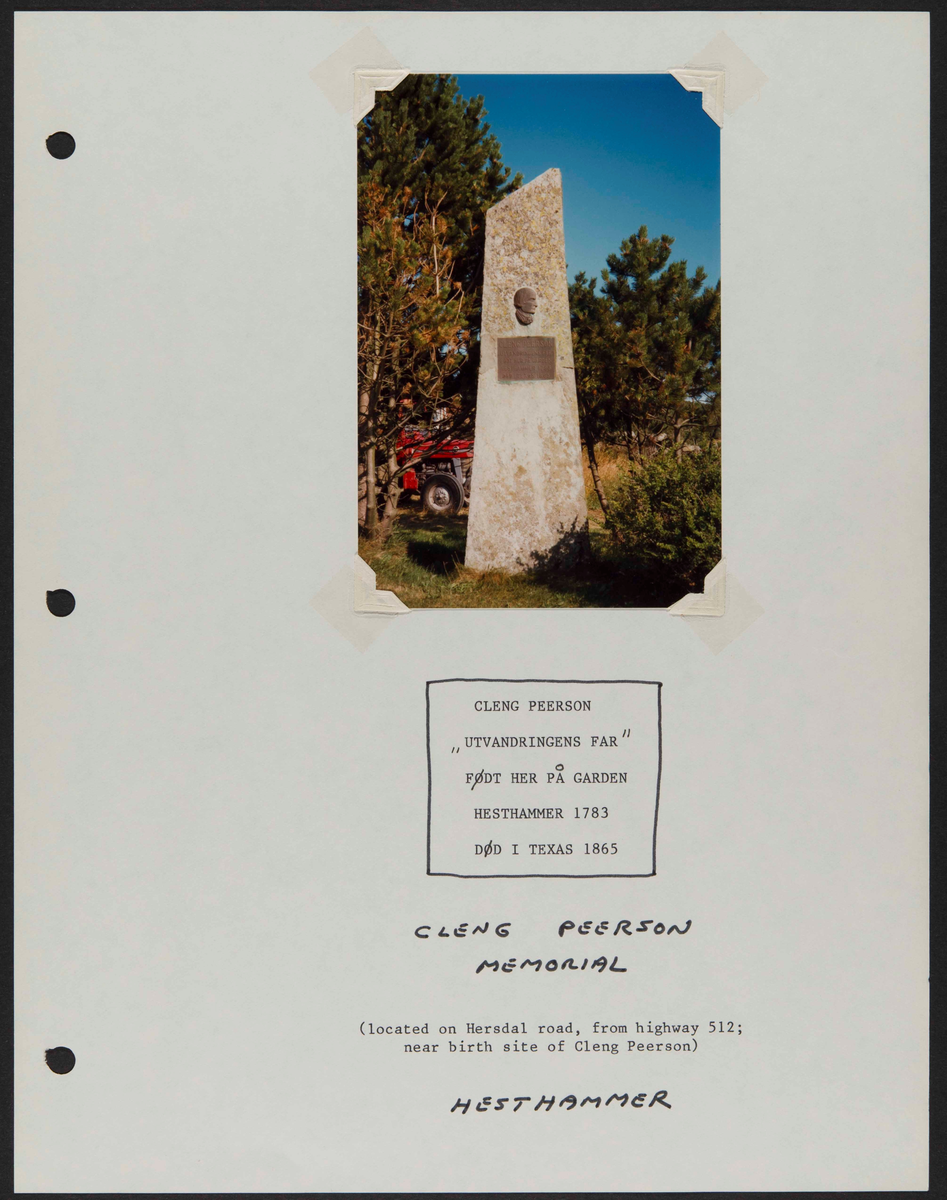 Hefte med bilder og informasjon knyttet til Cleng Peerson og hans fødested, Tysvær