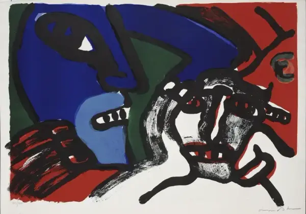 Målning med huvuden i olika färger och former.