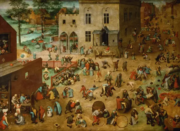 Middelalderinspirert maleri som viser over 200 barn i lek i en bygate, med ulike aktiviteter og fargerike klær. Maleri av Pieter Bruegel den eldre fra 1560.
