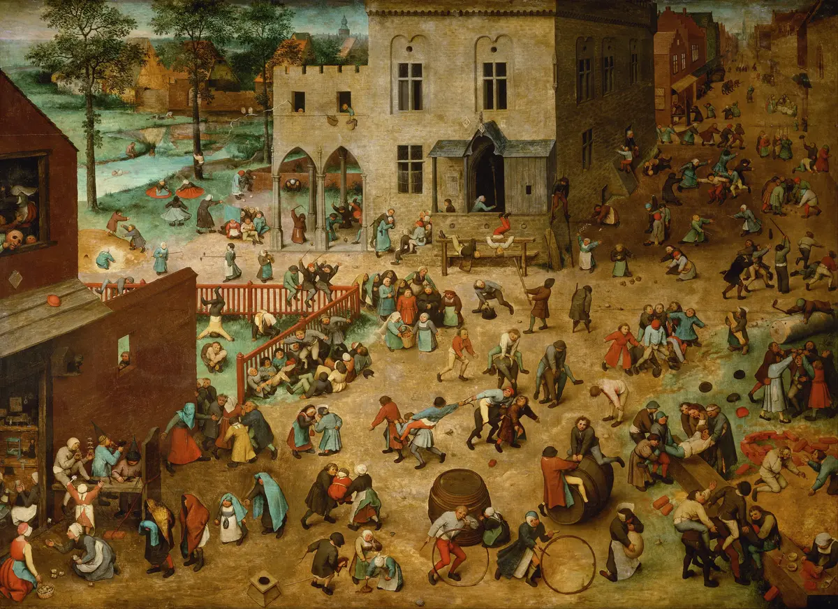 Middelalderinspirert maleri som viser over 200 barn i lek i en bygate, med ulike aktiviteter og fargerike klær. Maleri av Pieter Bruegel den eldre fra 1560.